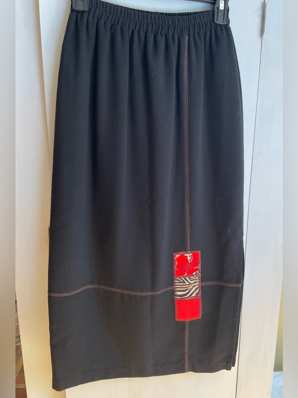 Vintage Nancy Bolen Black Midi Skirt Patchwork Red Animal Print City Girl SP